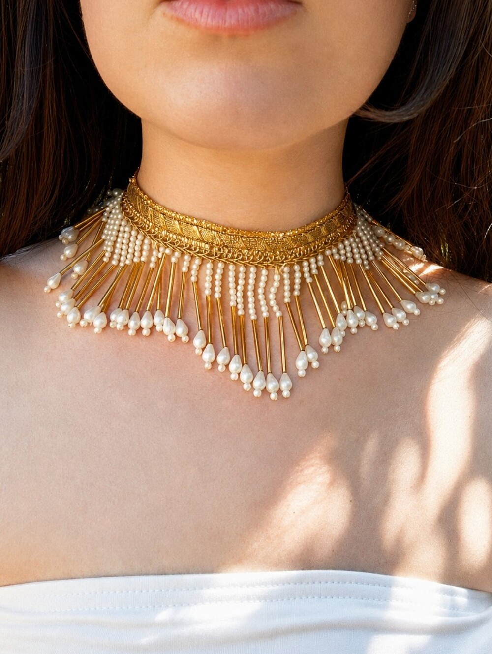 Handmade Gold and Pearl Beaded Fringe Choker Necklace - Elegant Boho Festival